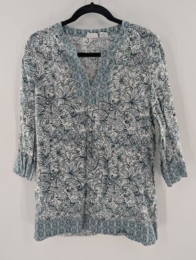 Sigrid Olden 100% Linen Floral Tunic Blouse Large Paisley Summer Vacation Green